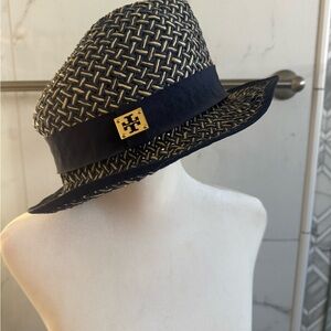 Tory Burch Black and Natural Woven Fedora with Gold Logo Plaque